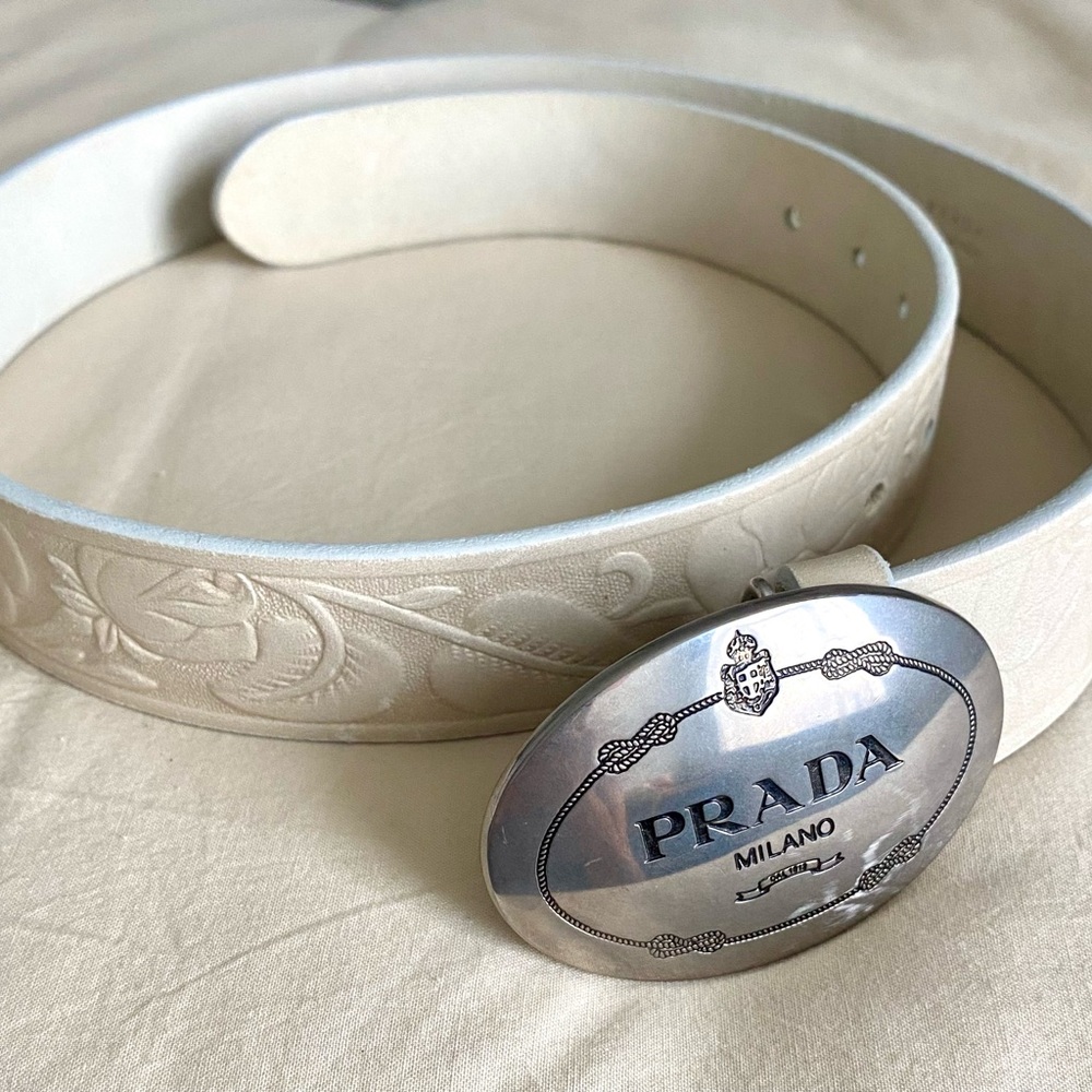 Prada Beige Floral Leather Belt with Silver Logo Buckle